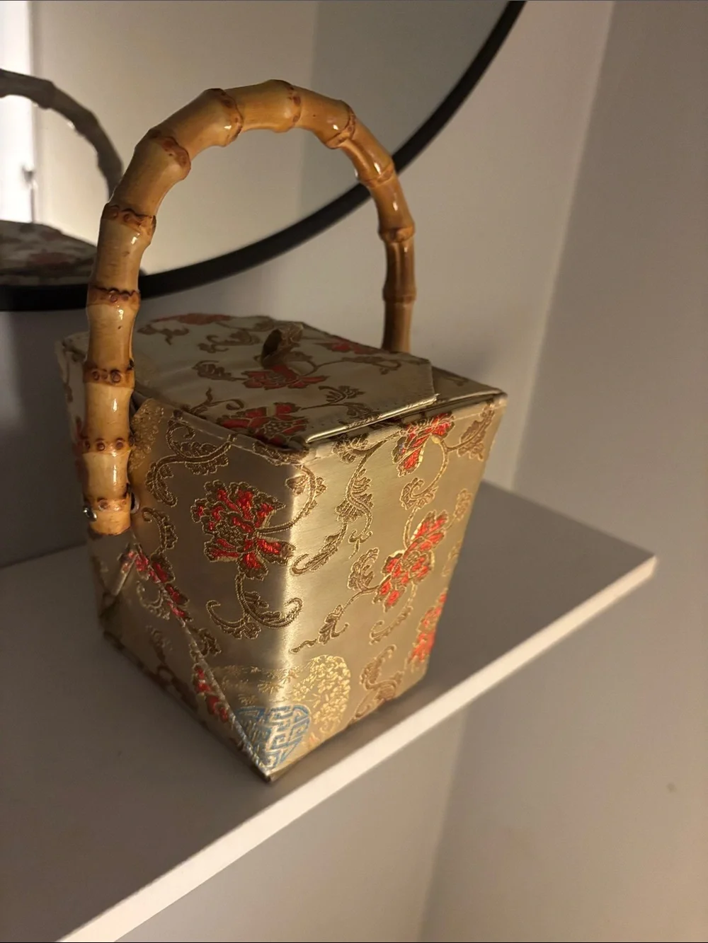 Silk Brocade Decorative Basket with Bamboo Handle - Gold and Red